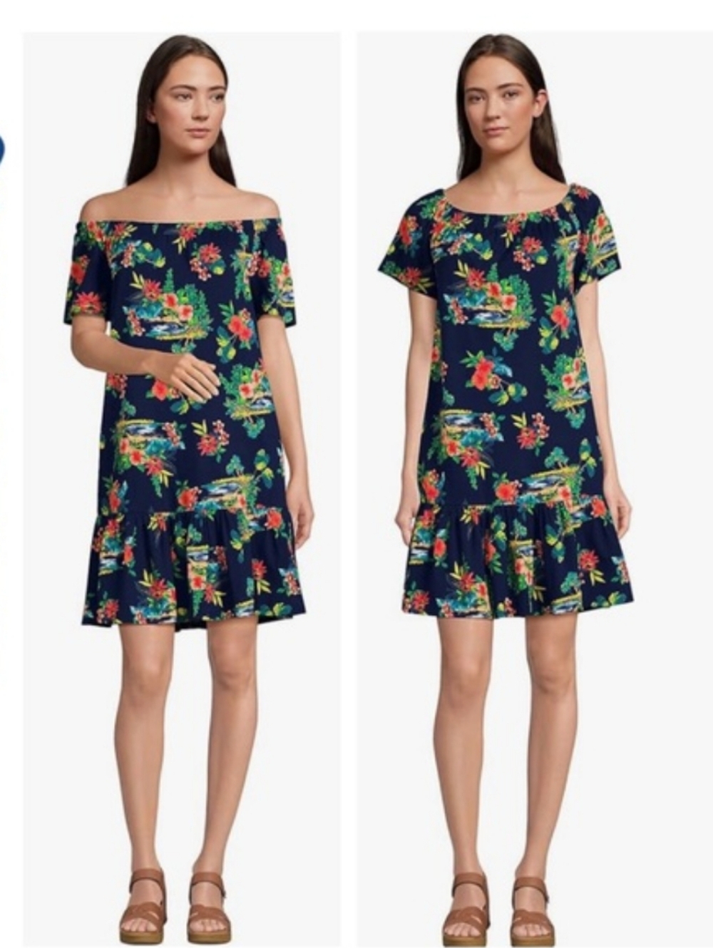 Lands' End Navy Floral Scoop-Neck Ruffle-Hem Midi Dress